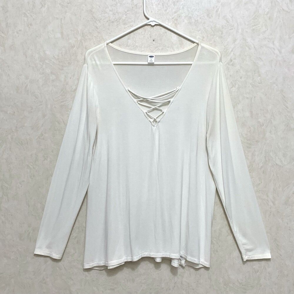 Old Navy Top Womens Size Lg Ivory Crisscross Strappy V-Neck Long Sleeve Knit Tee